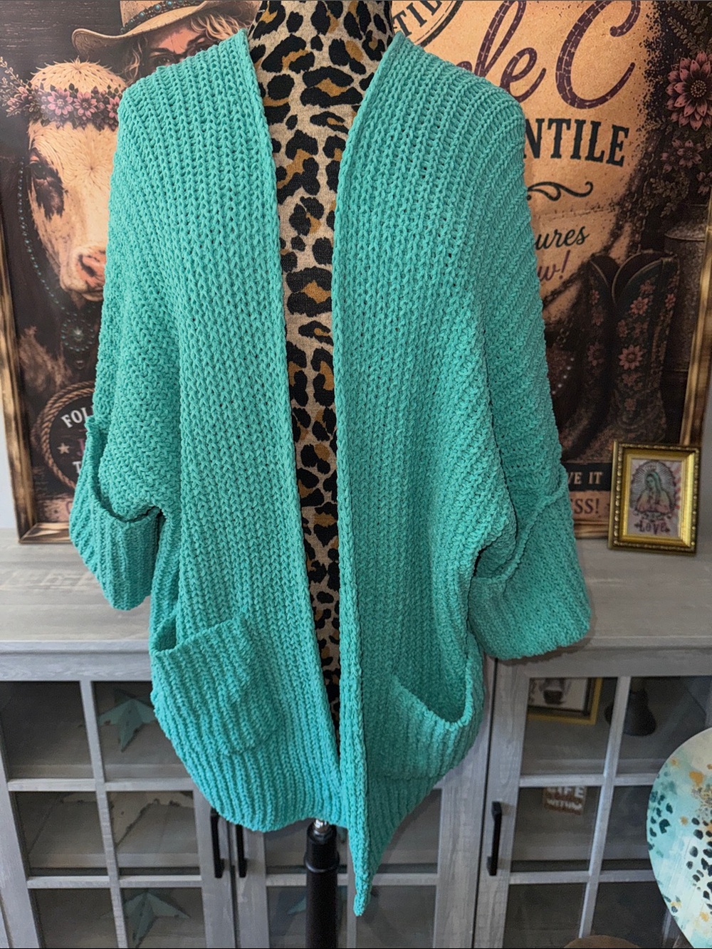 POL Turquoise Chunky Knit Open-Front Women's Sweater Cardigan Size Large